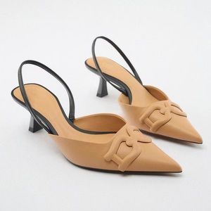 ZARA Beige Black Leather High Heel Slingback Raised Detail Pointy Heels Sz 39